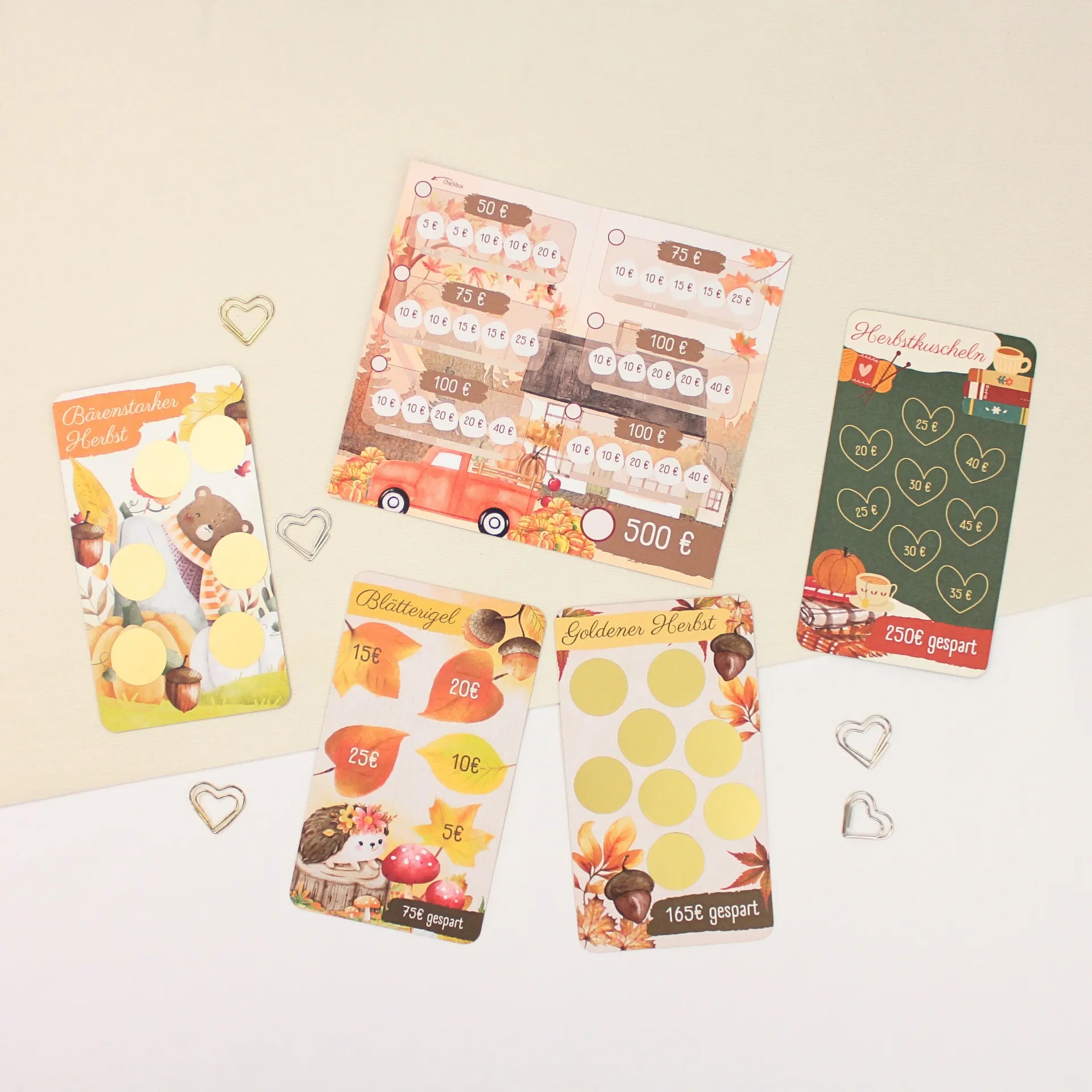 Herbst Spar-Challenge Set - mit Motivkarten zum Freirubbeln, Aufklappen & Sparen